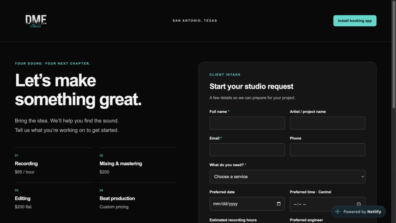 DME Studios booking request page showing recording, mixing and mastering, editing, and beat production services alongside a client intake form