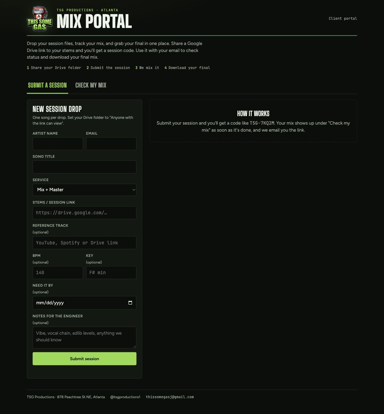 TSG Productions Mix Portal showing session submission, service selection, and a mix status lookup